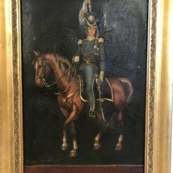 Huile sur toile "Militaire à cheval" Peter Bauker (?)