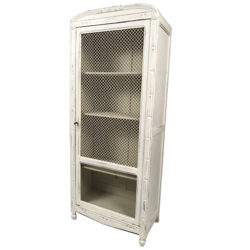 Petite armoire une porte grillagée en partie haute et verre en partie basse.